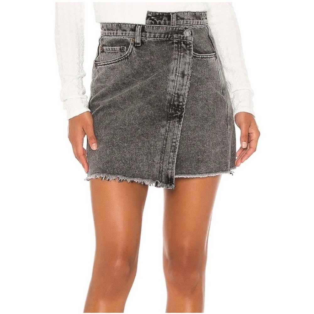 Free People Denim Mini Skirt Asymmetrical Wrap Raw Hem Womens 28 We The Free